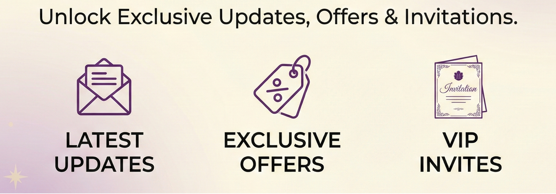 Promotional graphic with text 'Stay in the Mystic Loop' and icons for latest updates, exclusive offers, and VIP invites on a light purple background.